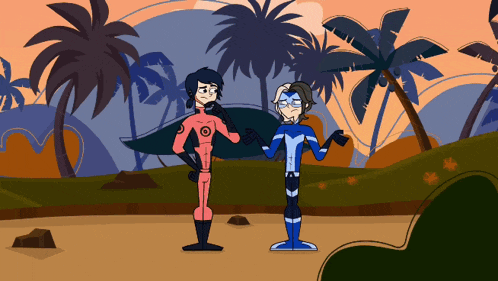 a couple of cartoon characters standing next to each other