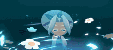 a cartoon character with blue hair and white flowers
