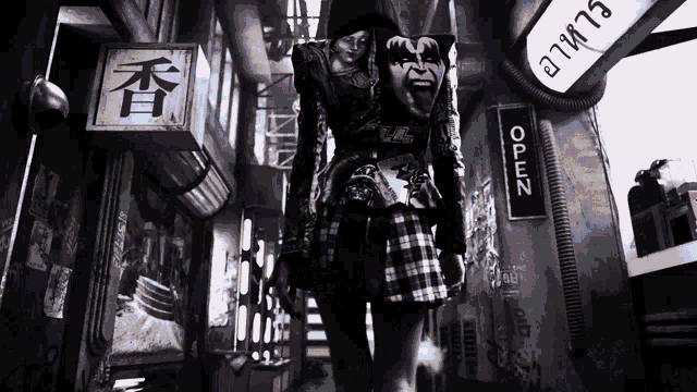a black and white photo of a person standing in front of a sign that says " open "