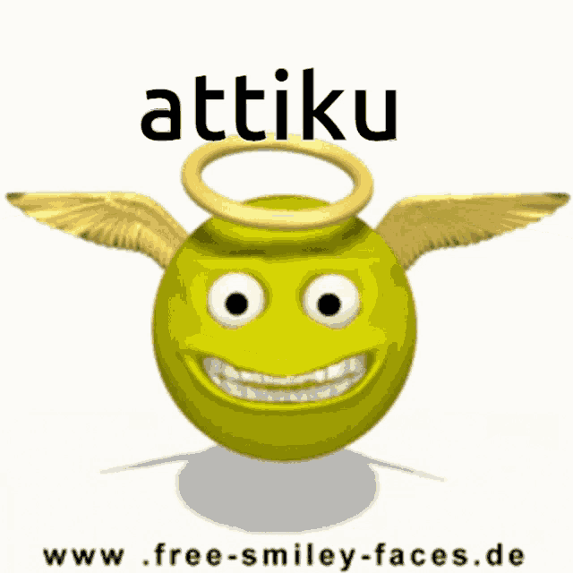 a yellow smiley face with wings and a halo has the word attiku above it