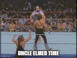 two men are wrestling in a ring with the words `` uncle elmer time '' written on the bottom of the screen .