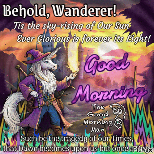 a unicorn wizard is holding a torch in front of a castle and says good morning the good morning man