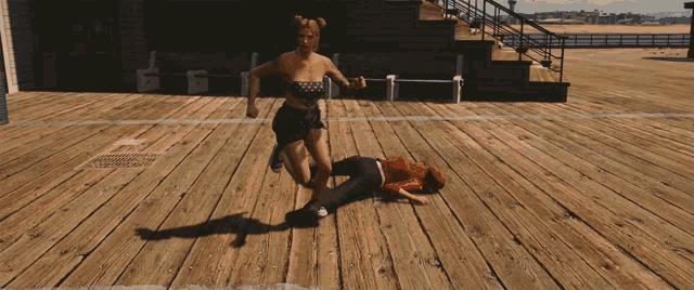 a woman with a tattoo on her arm stands on a pier
