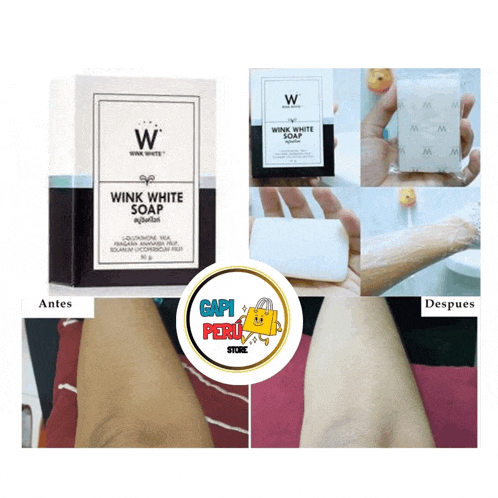 a box of wink white soap is shown next to a picture of someone using it
