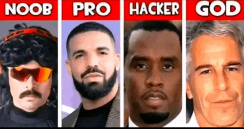 a collage of four men with the words noob pro hacker god written above them