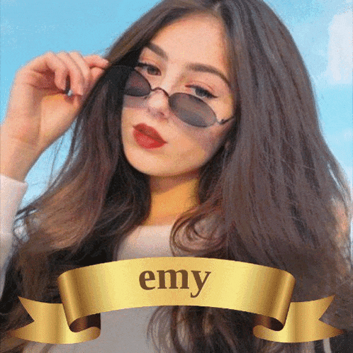 a woman wearing sunglasses has the name emy written on a gold banner