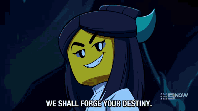 a cartoon character says " we shall forge your destiny " in a dark room