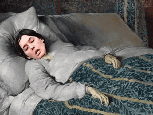 a painting of a woman sleeping in a bed with a blue blanket