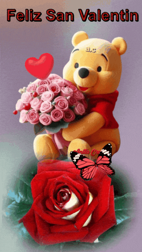 a winnie the pooh bear holding a bouquet of roses with feliz san valentin written above it