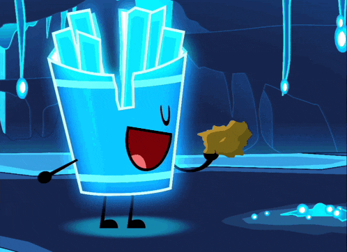 a cartoon drawing of a french fries container holding a piece of food