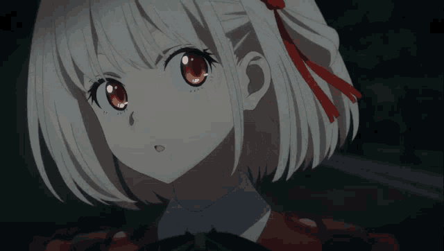 a girl with short white hair and red eyes looks up at something