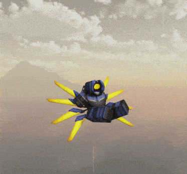 a blue robot with yellow wings is flying through a cloudy sky