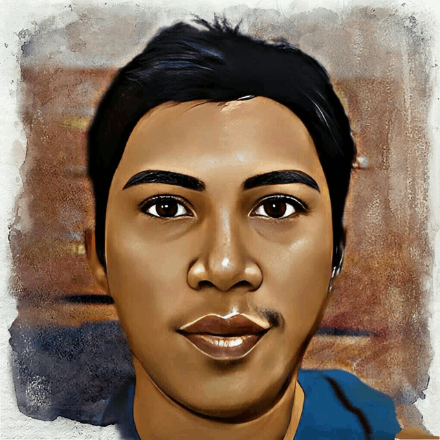 a close up of a man 's face with a blue shirt