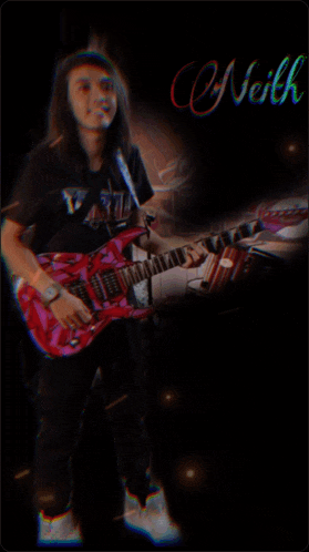 a man is playing a pink guitar with the name neil on the bottom