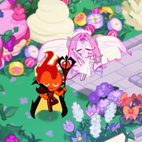 a cartoon character with wings is standing next to a cartoon character with a sword