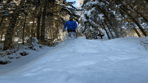 a person in a blue jacket is walking through the snow