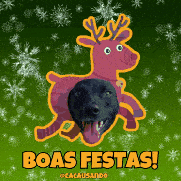 a christmas card with a pink reindeer and a black dog on it