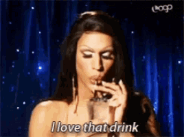 a woman drinking through a straw with the words i love that drink below her