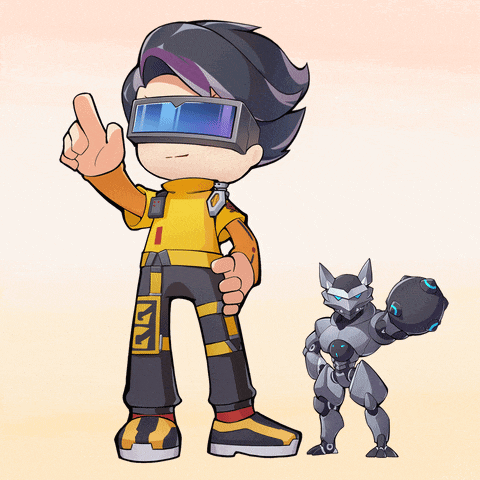 a cartoon character wearing a virtual reality headset stands next to a small robot