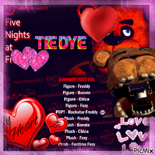 a poster for five nights at freddy shows a freddy bear surrounded by hearts