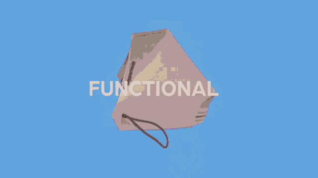 a white face mask on a red background with the word functional below it