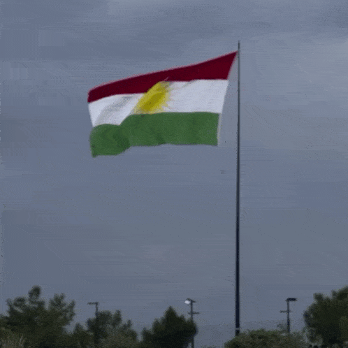 a red white and green flag is flying in the wind on a cloudy day