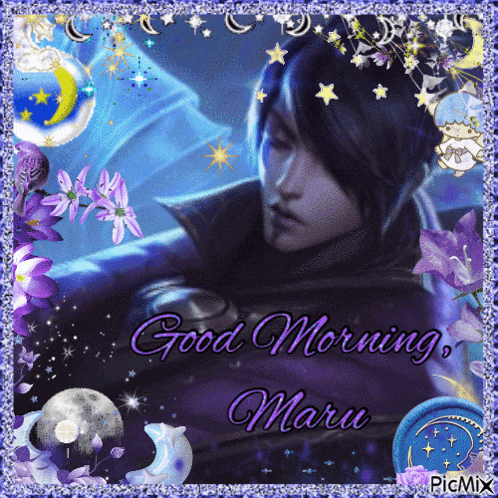 a picture of a man with the words good morning maru written on it