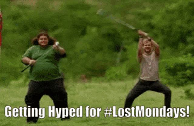 two men are dancing in a field with the words getting hyped for #lostmondays