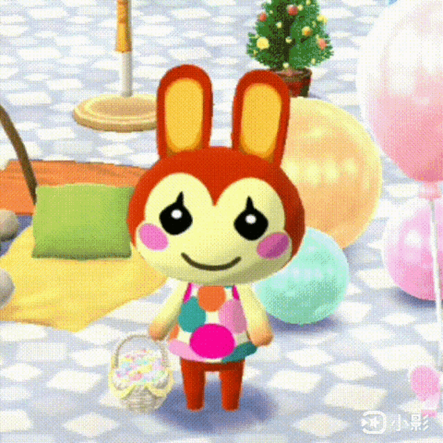 a cartoon rabbit is standing in a room with balloons and a basket of candy .