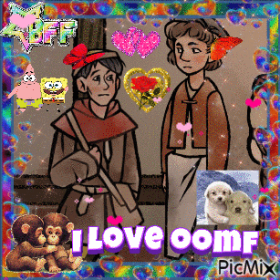 a picture of two people with the words " i love oomf " on it