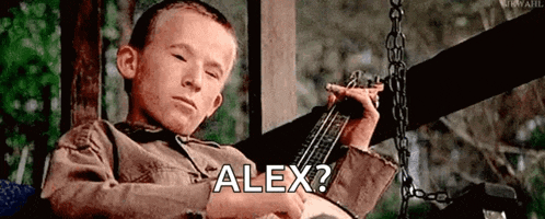 a young boy is sitting on a porch swing playing an ukulele and the words alex are above him .