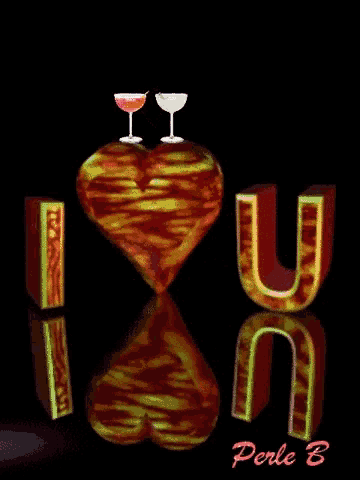 a red heart with two martini glasses on top and the words i love you