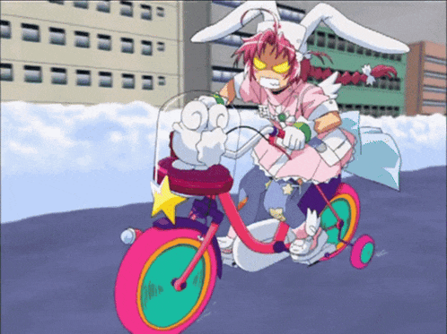 a girl in a pink dress is riding a pink bicycle