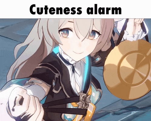a picture of a girl holding a cymbal with the caption cuteness alarm