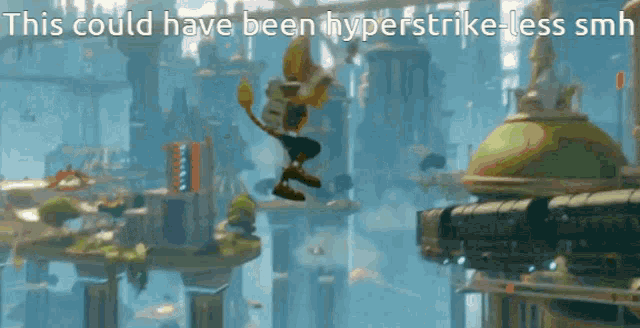 a cartoon character is jumping in the air with the caption this could have been hyperstrike-less smh