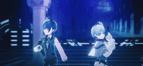 a couple of anime characters dancing in a dark room