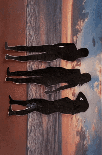 three silhouettes of people standing on the beach at sunset