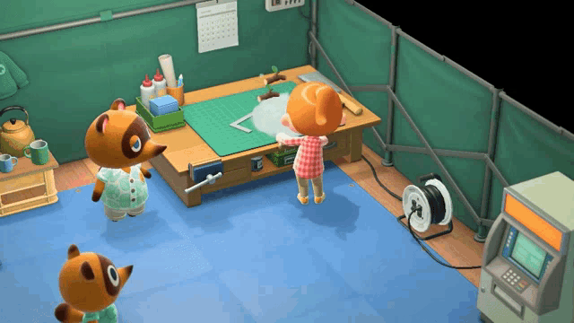 a video game is being played in a room with two cartoon characters