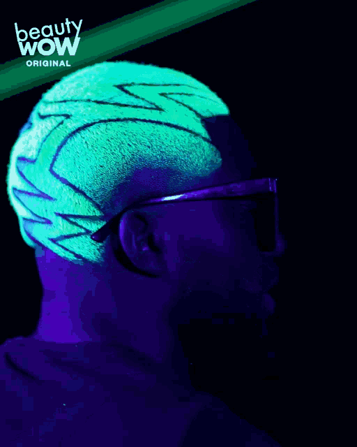 a man 's head with glow in the dark hair and the words beauty wow original