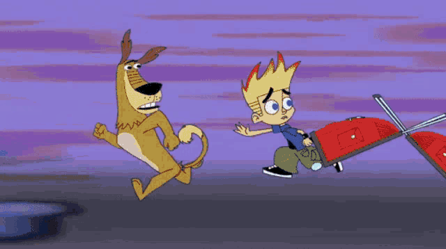 a cartoon of a boy riding a red suitcase with a dog chasing him
