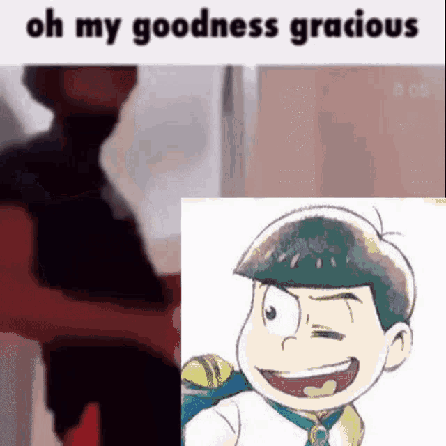 a man is standing next to a picture of a cartoon character with the words `` oh my goodness gracious '' .