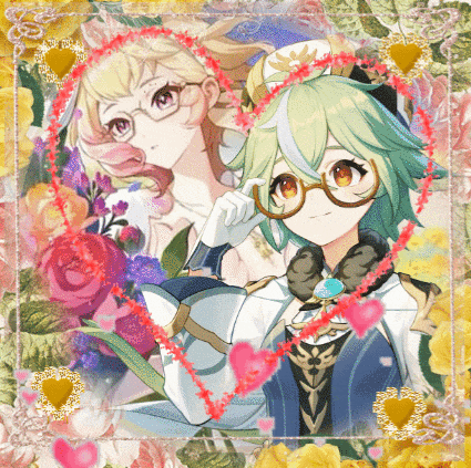 a couple of anime characters are surrounded by hearts and flowers