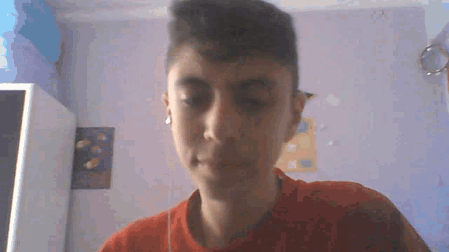 a boy wearing a red shirt looks at the camera