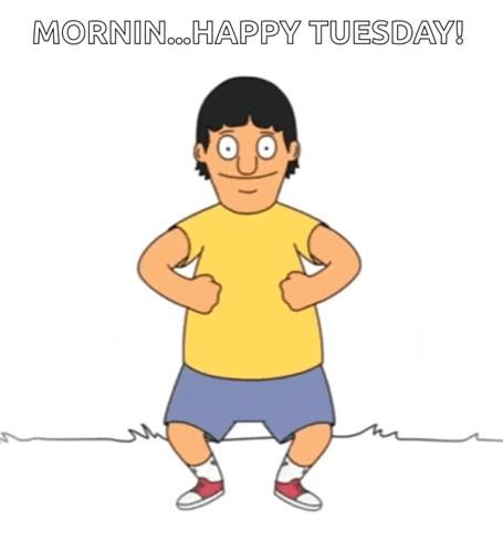 a cartoon character with the words mornin happy tuesday