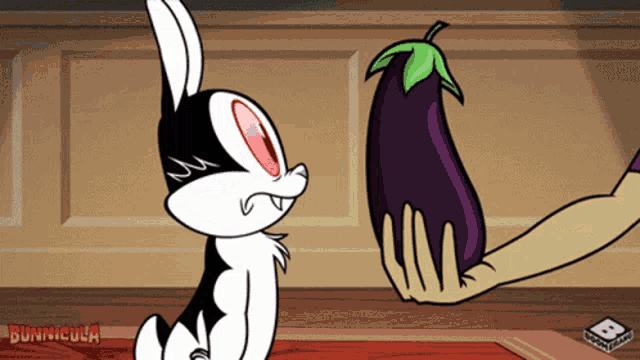 a cartoon of a bunny and a person holding an eggplant with the word bunnicula in the corner
