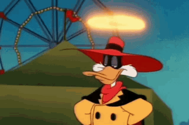 a cartoon duck is standing in front of a ferris wheel wearing a red hat and sunglasses .
