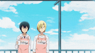 two anime characters wear aprons that say grand blue on them