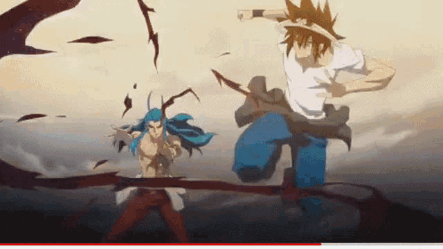 two anime characters are fighting each other in a cartoon .