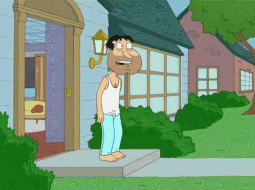 a cartoon of a man standing in front of a house with a light on the door