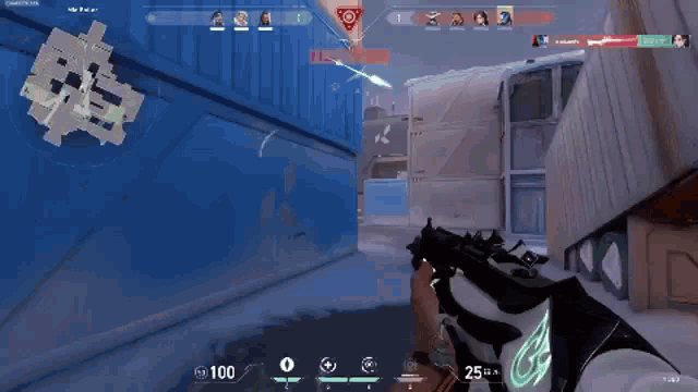 a person is holding a gun in a video game with the number 25 on the bottom